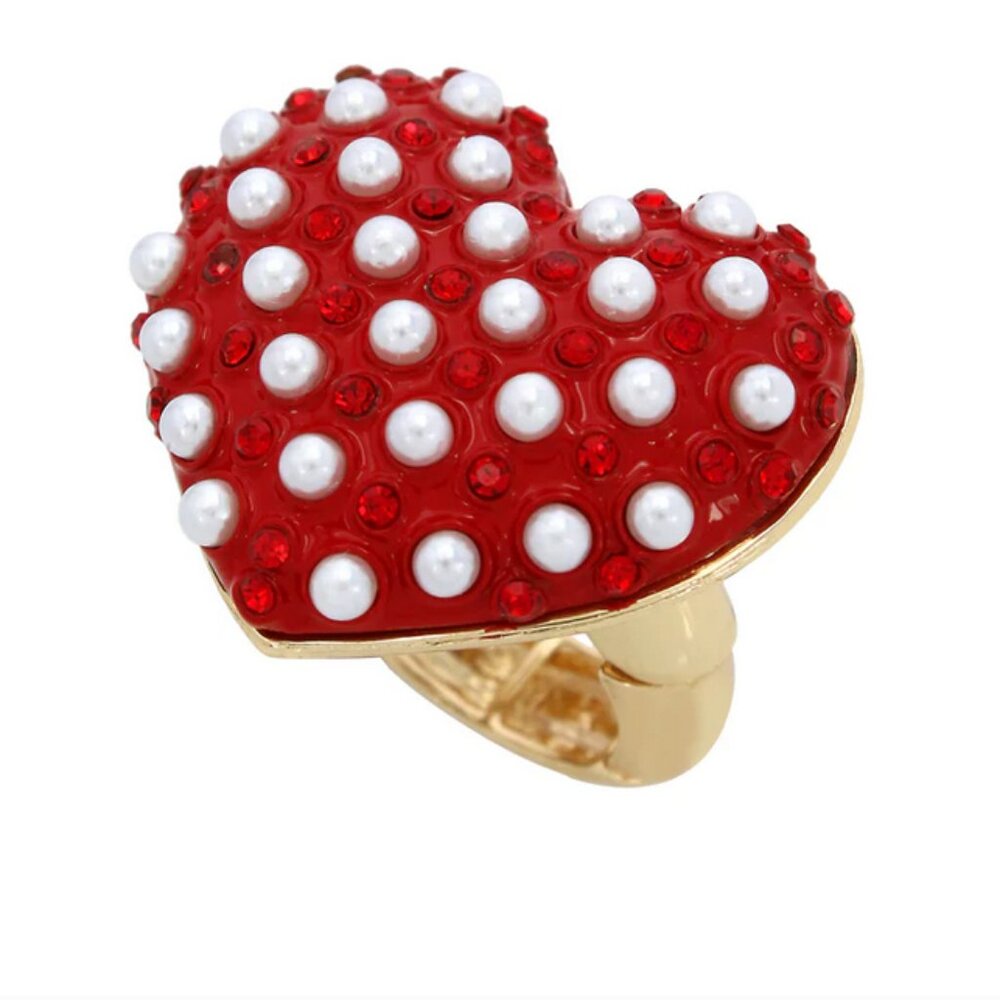 Betsey Johnson XOXO Heart PEARL Cocktail Stretch Ring Red Crystal NWT